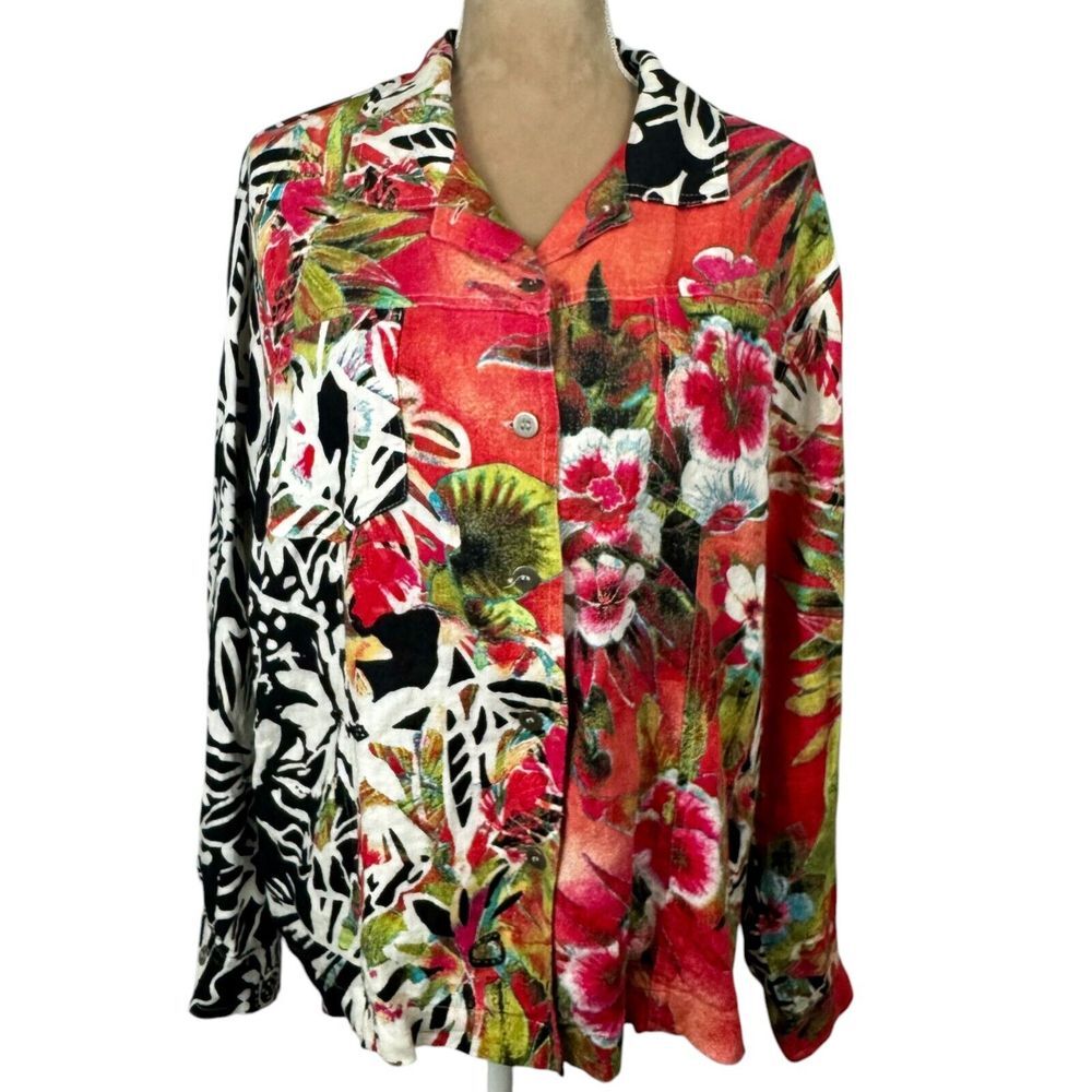 Chicos Womens Sz 3/US XL Linen Jacket Top Buttons Multicolor Floral Hawaiian‎